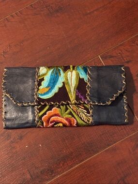 Embroidered Navy Blue Genuine Leather Clutch Wallet - Floral Accent